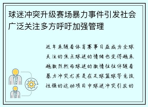 球迷冲突升级赛场暴力事件引发社会广泛关注多方呼吁加强管理