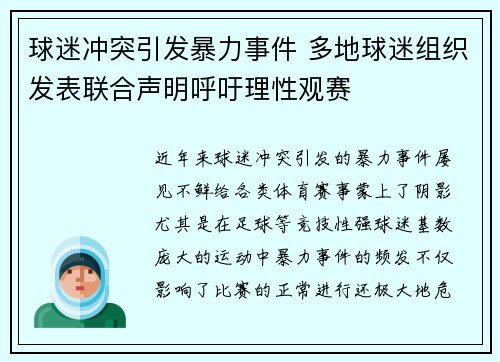 球迷冲突引发暴力事件 多地球迷组织发表联合声明呼吁理性观赛